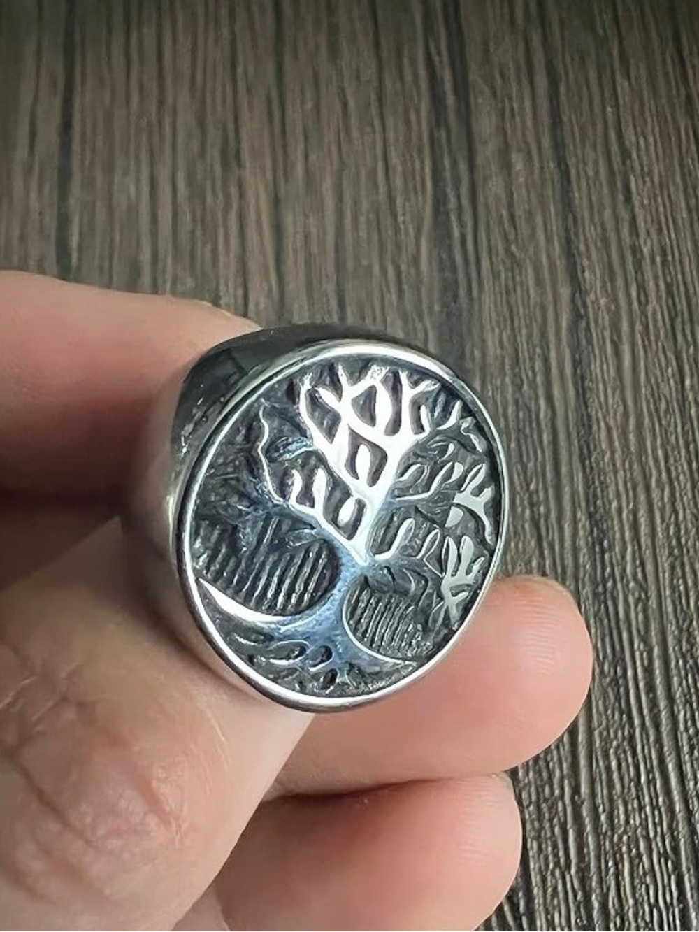 Stainless Steel Tree of Life Round Signet Ring - Silver